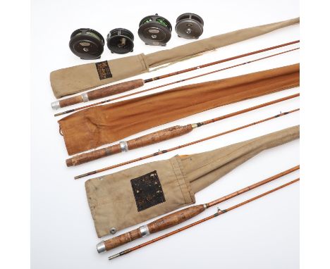 Including a Hardy Palakona two piece split cane rod (7ft, Seria No E83691), a Sharpe Scottie Featherweight two piece cane rod
