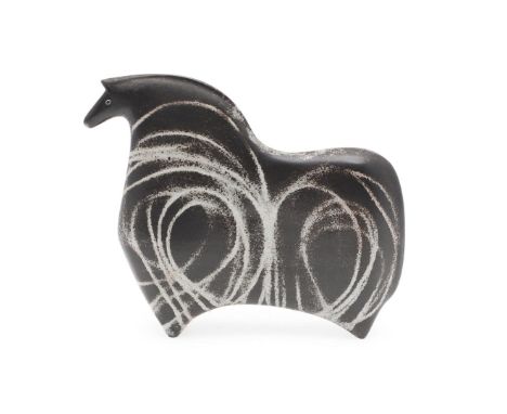 A tin-glazed earthenware model of a standing horse with grey and white decoration, incised PW mark to base. 14.5cm high x 18c