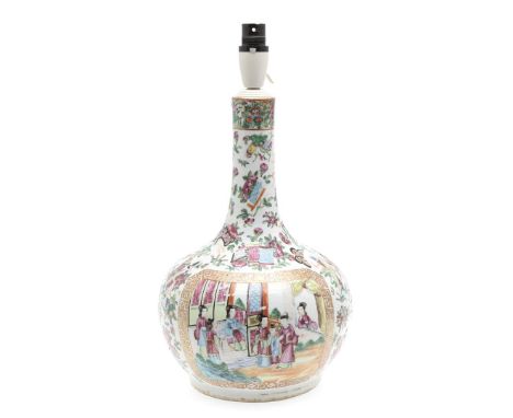 A large 19thc Chinese Cantonese vase, now fixed with a light fitting. The bottle shaped vase painted with a variety of Court 