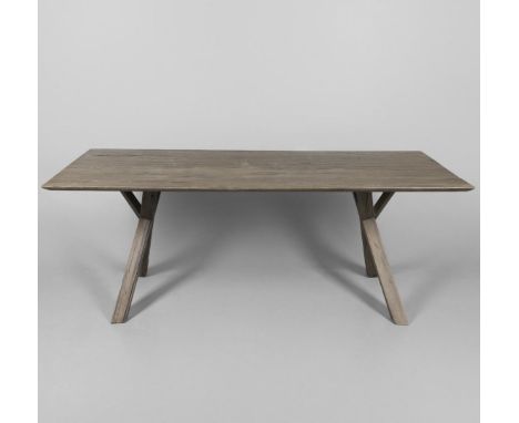 A large Arbori grey wash wild oak dining table, with a rectangular shaped top and X frame supports which can detach. Height 7