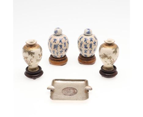 Including a small silver coin dish with the Nanking ship on one side (9cms square, 75 grams). Also with two miniature Chinese
