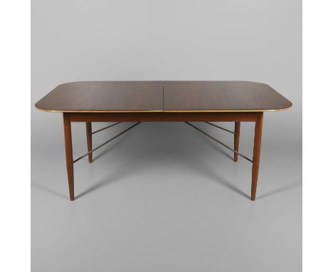 The rosewood veneered top with agba wood edges and mahogany base and brass stretchers, together with two extra leaves. 74cm h