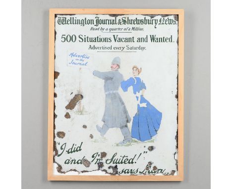 A vintage pictorial enamel sign, for 'Wellington &amp; Shrewsbury News, 500 Situations Vacant and Wanted', the centre with a 