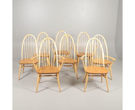 A set of eight light elm and beech dining chairs, four with arms and four without. Each with Ercol button underneath, 100cms 