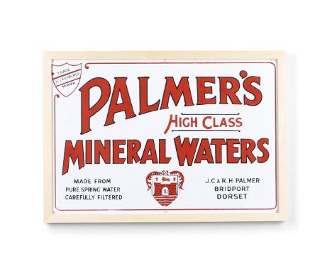 A rectangular enamel sign for 'Palmers High Class Mineral Waters, JC &amp; RH Palmer, Bridport', the sign now mounted in a mo