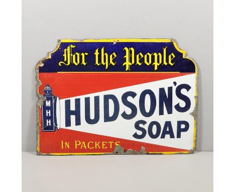 A large enamel sign for 'For the People Hudson's Soap, In Packets', with pierced holes for hanging. 69cms by 50cms. *Conditio