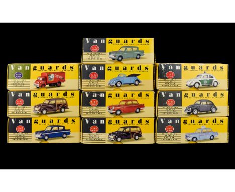 A Collection Of Vanguards Cars 10 in total. Including  B.S.M Herald, Pale Green Ford Anglia, Pale Blue VW Cabriolet,  VW Spli