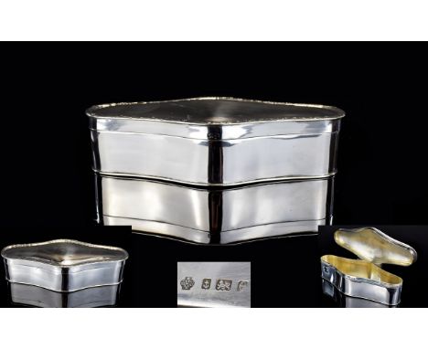 Edward VII - Large Solid Silver Cartouche Shaped Lidded Trinket Box, Plain, Finished with Ornate Designed Border. Hallmark Wi