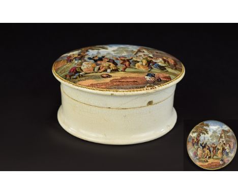 Antique Ceramic Trinket Box A large circular earthenware trinket box decorated with transfer print titled 'The Village Weddin