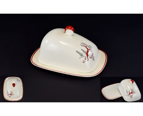 A Rare Crown Devon 'Stockholm' Pattern Butter Dish Very good condition, lidded butter/cheese dish, marked to base 'Stockholm,