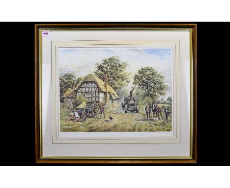 John Chapman Ltd Edition Artist Signed - Colour Print / Lithograph - Country Side Landscape ' Farm House ' Figures and Animal