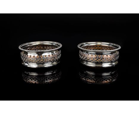 Antique Period Good Quality Pair of Circular Silver Plated Coasters with Wonderful Engine Turned Walnut Bases and Excellent O