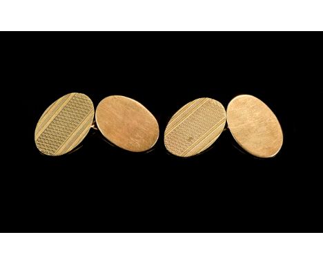 Gents - Vintage Pair of 9ct Gold Engine Turned Cufflinks. From The 1950's, Fully Hallmarked. 5 grams. Good Condition. 