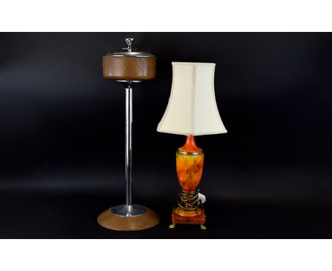 1960's Floor Standing Ashtray. Together with an Onyx lamp with cream shade, standing on a square base with four claw feet.  2