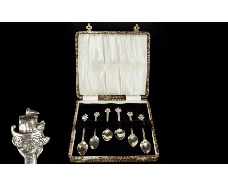 Antique Period Set of Six Silver Celtic Knots Ships - Galleons Topped Teaspoons. All Marked Silver, Boxes. All Spoons In Exce