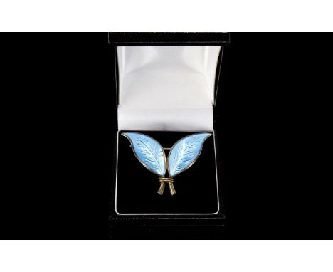 David Andersen Norway Vintage Sterling Silver Enamel Leaf Brooch A wonderful double leaf brooch in with ice blue enamel finis