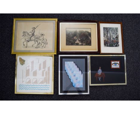 A Collection Of Framed Original Artworks And Prints Six items in total to include pencil and ink drawing of Don Quixote, acry