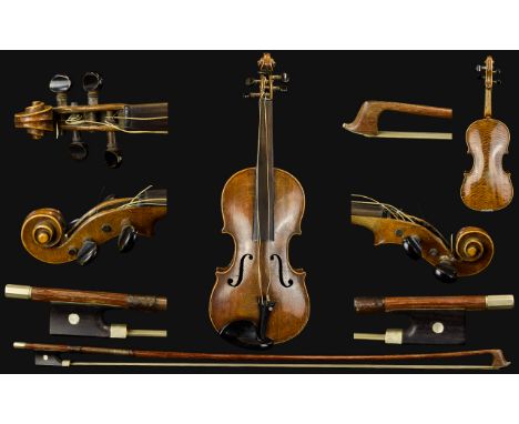 19th Century Good Quality Violin with Bow - Needs Attention. Marked John. J. Scott , no Label. Please Study Photos. 2 Piece B