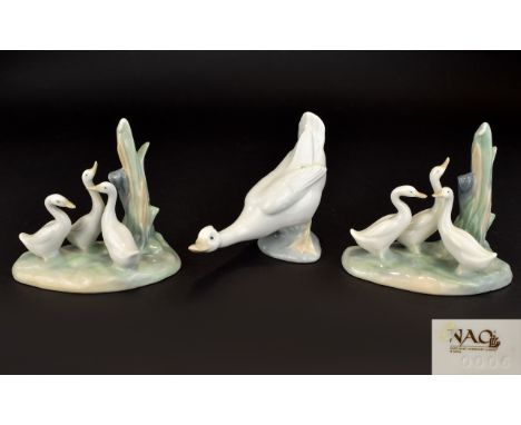 Nao by Lladro Porcelain Geese Figures - Please See Photo. All Marked to Underside. Height 4.75 Inches. All 1st Quality & Mint