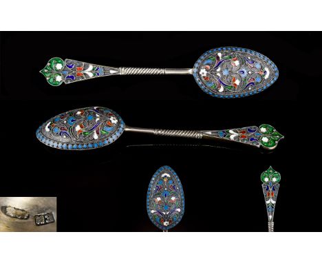 Mikhail Zorin Imperial Russian Superb Solid Silver And Cloisonne' Enamel Spoon An exquisite example by important  Russian sil
