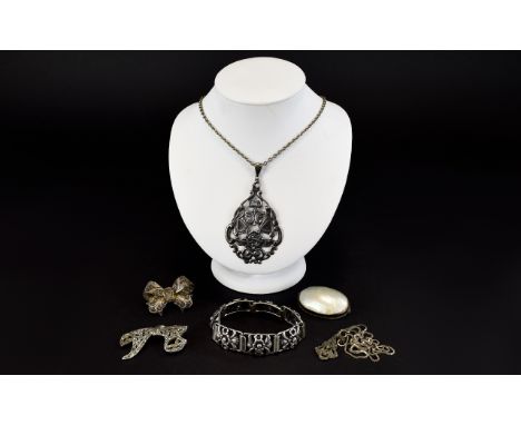 A Collection Of Vintage And Marcasite Set Costume Jewellery Six items in total to include, silver and marcasite set pendant, 