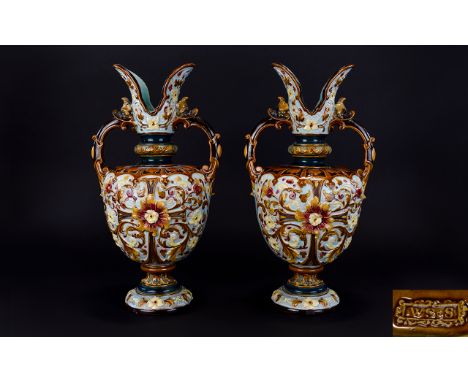 Majolica - Pair of Fine and Impressive Wilhelm Schiller & Son Pair of Urn Shaped Vases. c.1890's. Decorated with Fish Head Ha