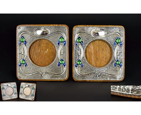 Art Nouveau Small Nice Quality Pair of Silver and Enamel Photograph Frames, Features a Silver and Enamel Pair of Tulips Decor