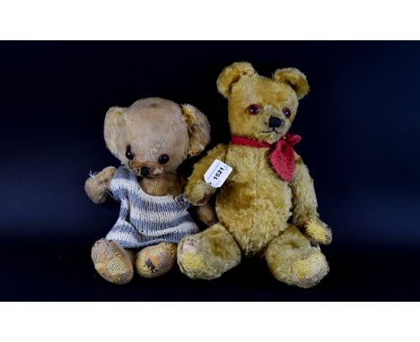 Two Vintage Teddybears 1930's jointed mohair bear with amber eyes, red knitted scarf  and growl still intact. Also a smaller 