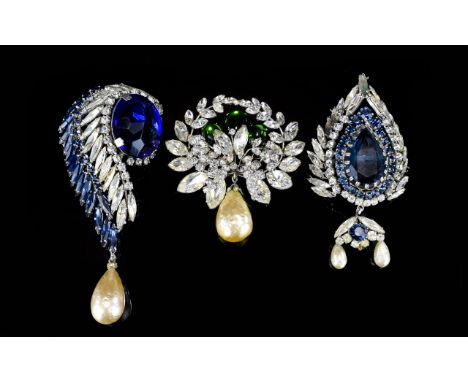 A Collection Of Large 1950's Crystal Set Statement Brooches Three in total, each of large proportion set in silver tone metal