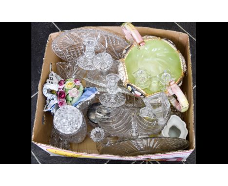 Box of Ceramics and Glass including candle holders, Royal Adderley flower posy, vases, two handled ceramic centre piece etc