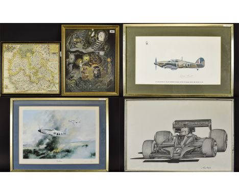 A Collection of Framed Prints including Alan Stammers John Player Special Motor Racing print, Mustang signed print, Sir Dougl