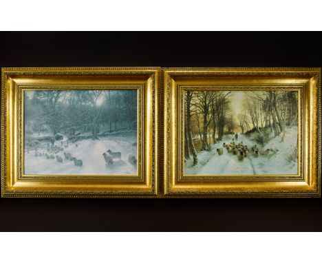 A Pair Of Decorative Landscape Prints Two textured prints depicting sheep in winter landscape. Each housed in ornate reproduc