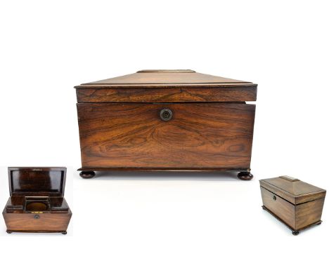Regency Period Rosewood Tea Caddy of Classical Sarcophagus Form. The Lid Opens to a Pair of Mahogany Lidded Tea Boxes. c.1810