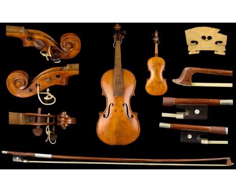 French Late 19th / Early 20th Century Violin. A/F. Comes with Bow and Bridge Marked Paris. 1 Piece Back. Back Length 13.75 In