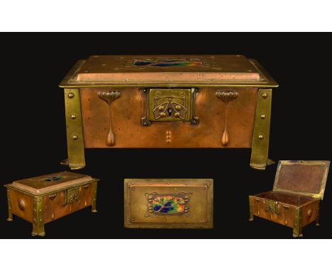 A Jugendstil Enamel Copper And Brass Box A rare copper cigar/trinket box of rectangular form with four turned rivet bracket b