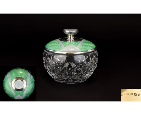 Art Deco Period - Wonderful Quality Silver and Enamel Topped Cut Glass Vanity / Trinket Jar. Hallmark Birmingham 1930. The Co