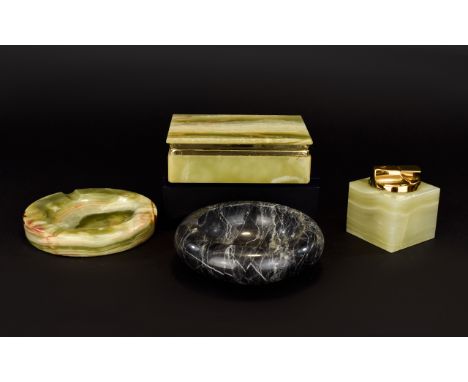 A Collection Of Onyx Smoking Accessories Four items in total to include green onyx cigarette box, Ronson table lighter and tw