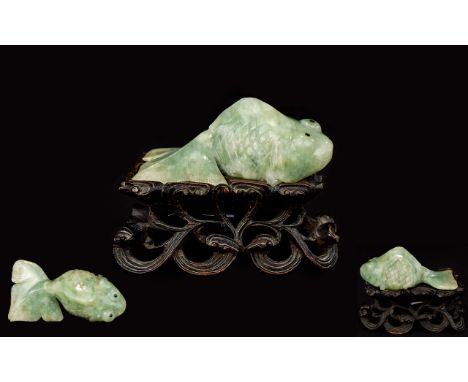 Antique Period - Chinese Superb Quality and Well Carved Green Jade Figure / Sculpture of a Koi Fish, Raised on a Bespoke Carv