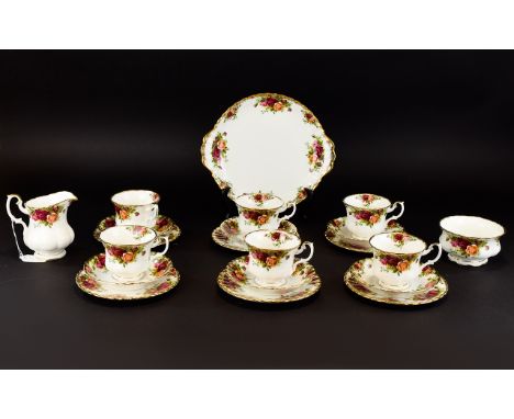 Royal Albert 'Old Country Roses' Teaset (21) pieces. Comprising teapot, sugar bowl, milk jug, sandwich/cake plate, 6 cups, sa