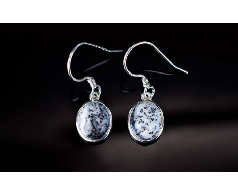 Dendritic Opal Pair of Drop Earrings, oval cut solitaires, bezel set in silver with shepherd's hook fittings, 5.5cts of the u