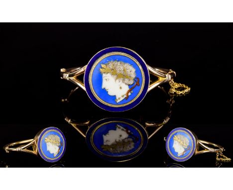 Victorian Period Superb Quality 9ct Gold And Enamel Portrait Hinged Bangle Features a central painted enamel portrait of a Ro