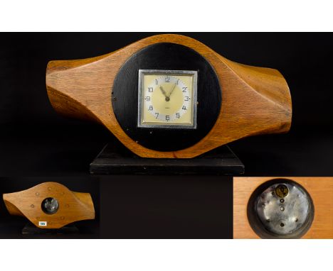 Art Deco Period Unusual and Impressive - Large Bespoke Teak Propeller 8-Day Desk / Mantel Clock. The Chrome Square Dial of Th