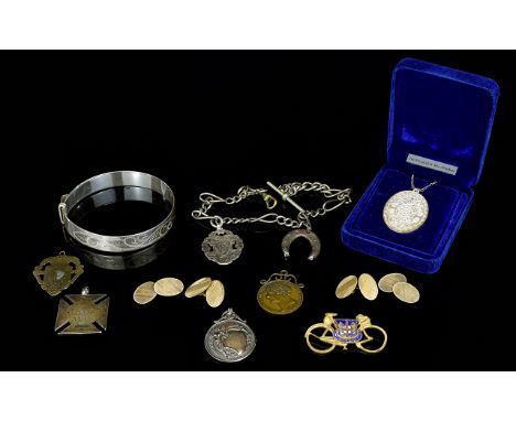 A Small Collection of Silver Items. Comprises Albert Chain with Attached Horseshoe Charm and Medal, Also 3 Silver Medals, 2 P