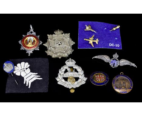 A Small Collection of Military Cap Badges and Medals. Some Silver and Enamel. Comprises 1/ R.A.F Sterling Silver Sweetheart B