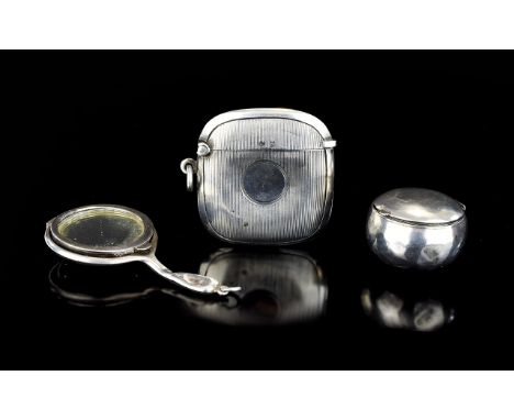 A Small Collection of Antique Silver Items ( 3 ) In Total. Comprises 1/ Miniature Silver Mirror / Compact. Hallmark Birmingha