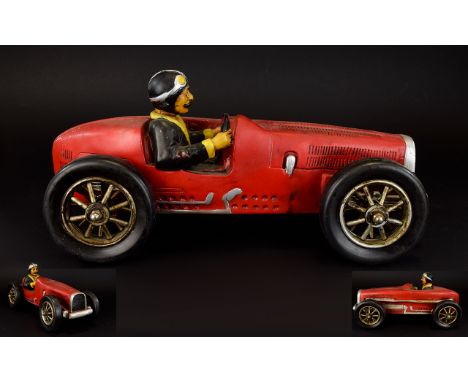 A Vintage Copy of A 1920'S Model of a Racing Car with Driver Seated. c.1970's. Hand Painted - Realistic Model. 16 Inches In l