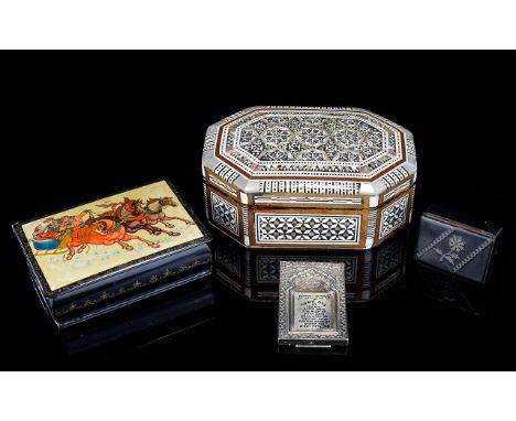 A Russian Lacquer Box And Small Collection Of Decorative Boxes Rectangular footed trinket box, the hinged lid hand painted wi