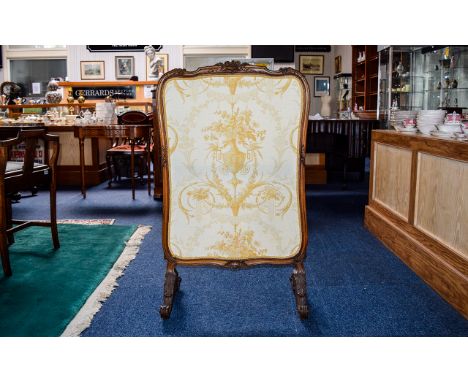 Reproduction Carved Fire Screen Vintage fire screen in ovoid form with central cream jacquard panel. Carved surround and carv