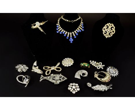 A Large And Varied Collection Of Vintage Crystal Set Brooches And Collar Necklace Sixteen items in total to include 1950's pa