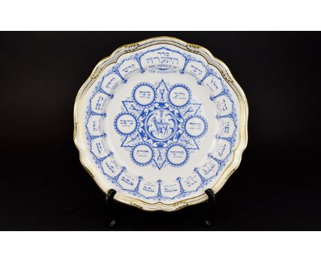 Spode Bone China Passover Plate Blue litho gold filigree "The service of Passover". The Sader service in original box. 